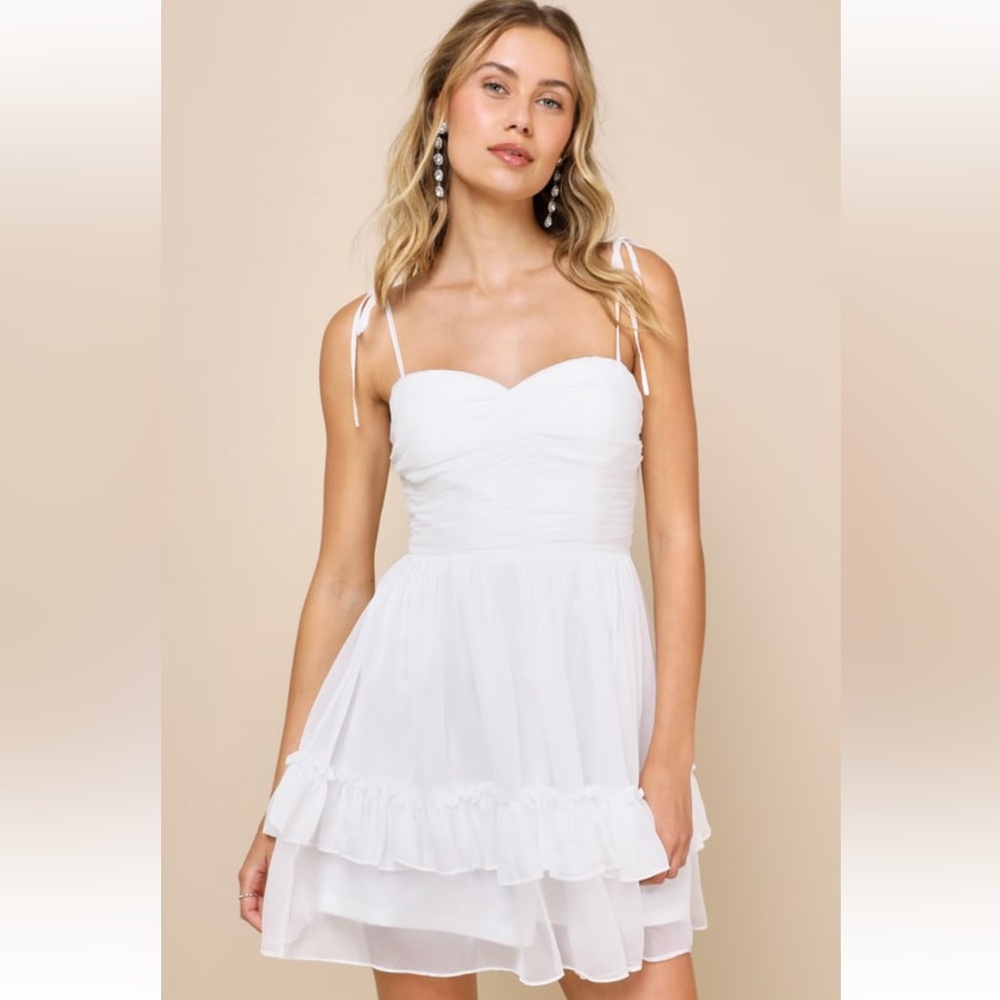 Lulus Angelic Approach White Chiffon Ruffled Tie-Strap Mini Dress